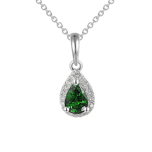 Claw & Micro Set Pear Shape Emerald Diamond Halo Pendant + Chain