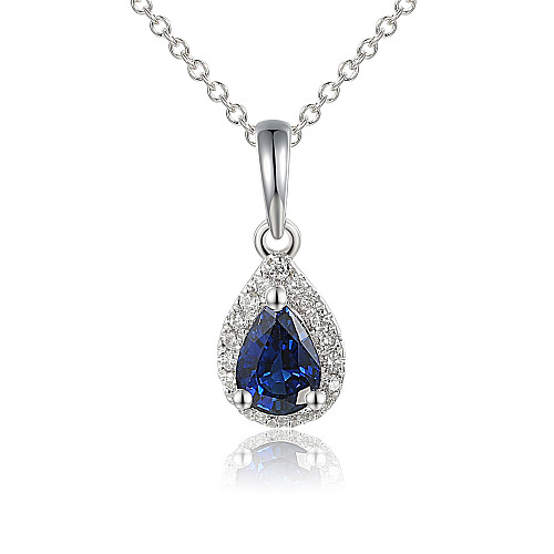 Claw & Micro Set Pear Shape Sapphire Diamond Halo Pendant + Chain