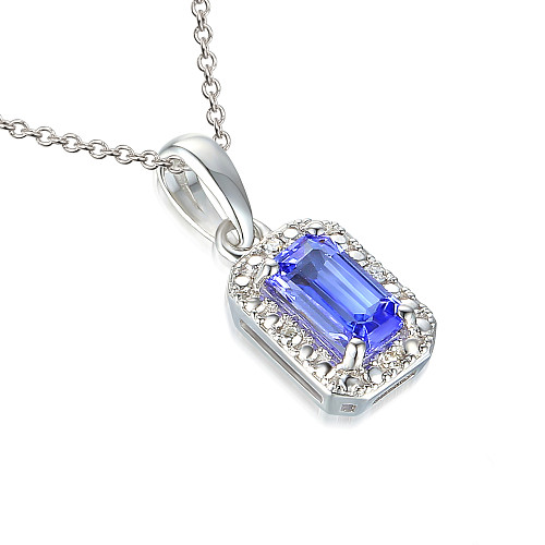 Claw Set Emerald Cut Tanzanite With Round Brilliant Cut Diamond Halo Pendant And Chain