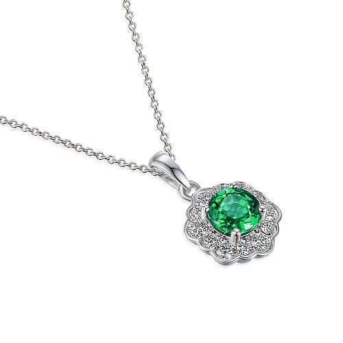 Claw Set Round Brilliant Cut Emerald And Rubover Set Diamond Halo Milgrain Pendant And Chain
