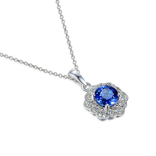 Claw Set Round Brilliant Cut Blue Sapphire And Diamond Halo Milgrain Pendant And Chain
