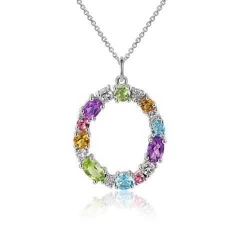Claw Set Oval & Round Multi Colour Semi-Precious & Diamond Circle Pendant + Chain