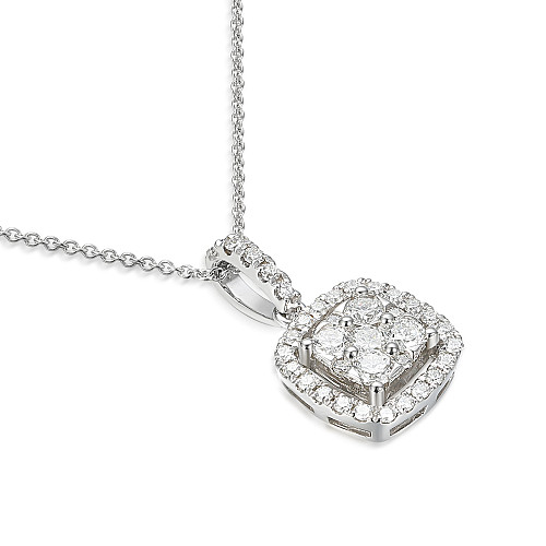 Claw & Micro Set Round Diamond Cushion Cluster Pendant + Chain