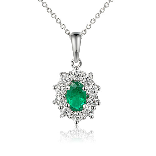Micro Set Oval and Round Brilliant Cut Emerald and Diamond Pendant