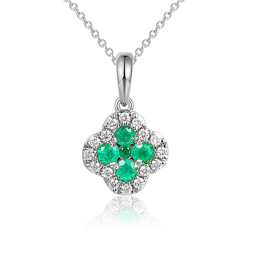 Green Emerald and Round Brilliant Cut Diamond Cluster Pendant