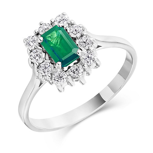 Emerald Cut 6x4 Emerald & Diamond Cluster Ring
