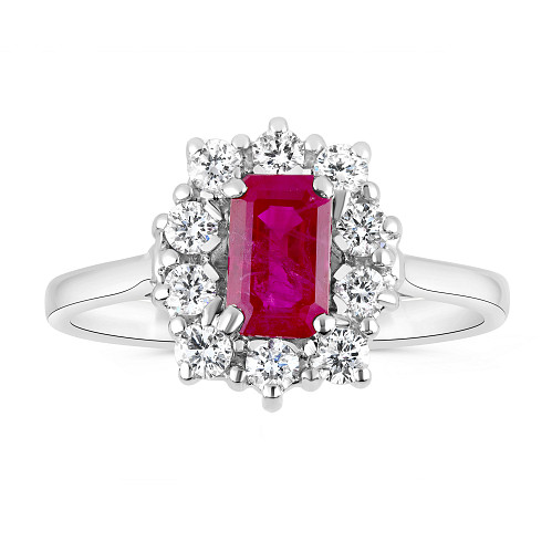 Emerald Cut 6x4 Ruby & Diamond Cluster Ring