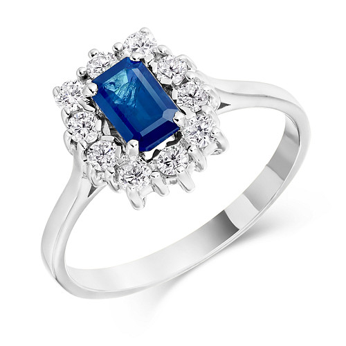 Emerald Cut 6x4 Blue Sapphire & Diamond Cluster Ring