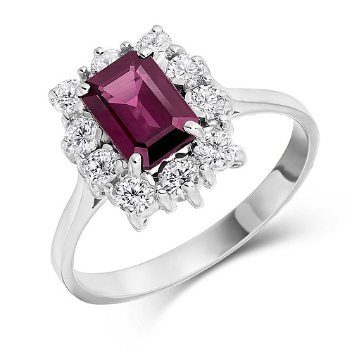Emerald Cut 7x5 Ruby & Diamond Cluster Ring