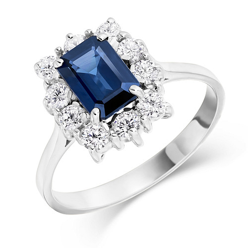Emerald Cut 7x5 Blue Sapphire & Diamond Cluster Ring