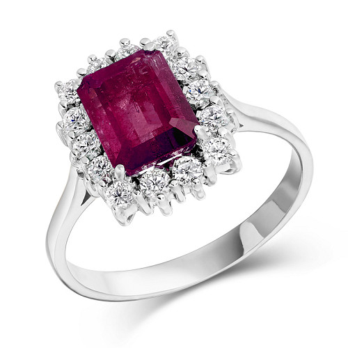 Emerald Cut 8x6 Ruby & Diamond Cluster Ring