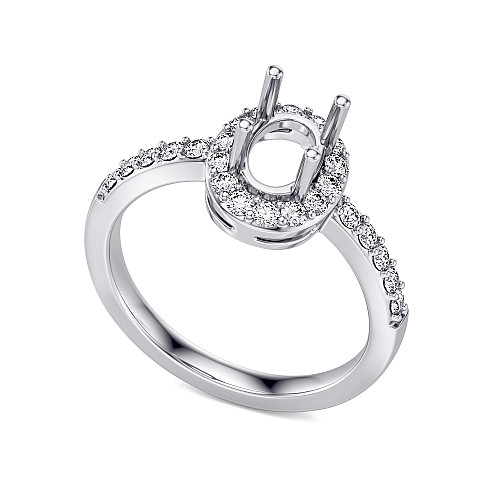 Oval Shape Cut Claw Set Centre Stone With Round Brilliant Cut Pave Set Halo & Shoulders Semi Set Ring