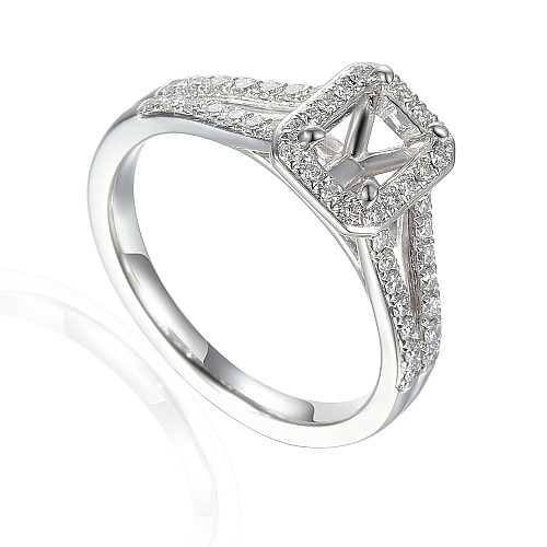 Radiant Cut Centre Stone With Round Brilliant Cut Diamond Micro Set Halo with Split Shoulders Semi Set Ring