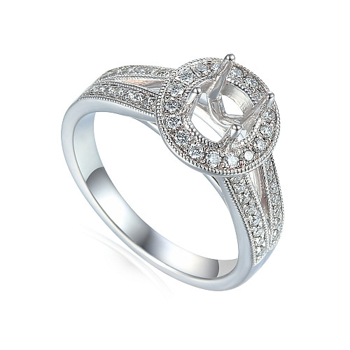 Round Brilliant Cut Diamond Rubover Set Halo With Split Shoulders Semi Set Ring