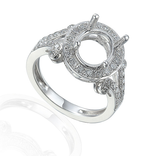 Oval Cut Claw Set Centre Stone With Round Brilliant Cut Pave Set Halo & Split Shoulders Semi Set Ring