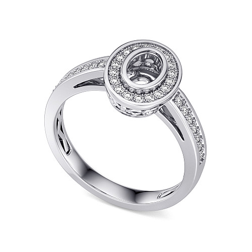 Oval Cut Rubover Set Centre Stone With Round Brilliant Cut Rubover Set Halo & Split Shoulders Semi Set Ring