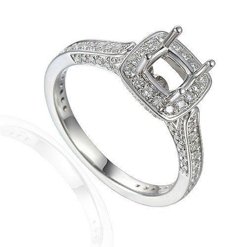 Cushion Cut Centre Stone With Round Brilliant Cut Diamond Pave Set Halo with Shoulders Semi Set Ring