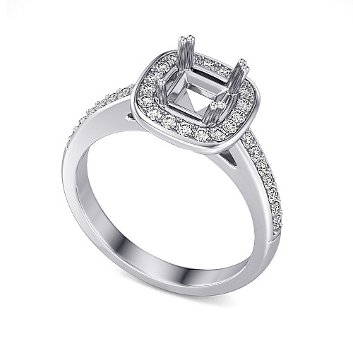 Claw Set Princess Cut Center With Round Brilliant Cut Diamond Halo & Shoulders Semi Set Ring