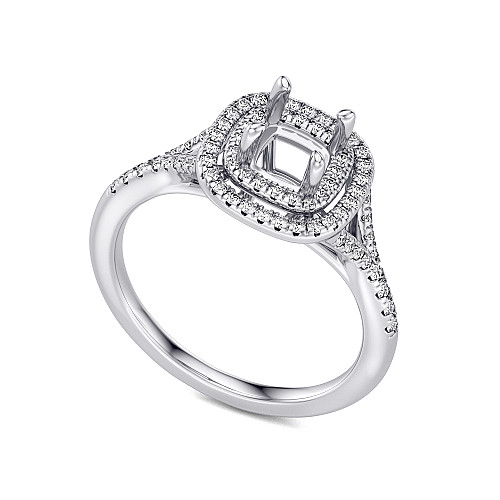 Claw Set Cushion Cut Center With Round Brilliant Cut Diamond Double Halo & Shoulders Semi Set Ring