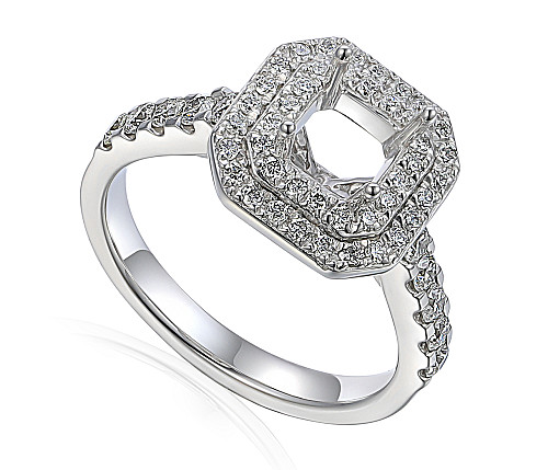 Emerald Cut Claw Set Centre Stone With Micro Set Round Brilliant Cut Diamond Double Halo & Shoulders Semi Set Ring