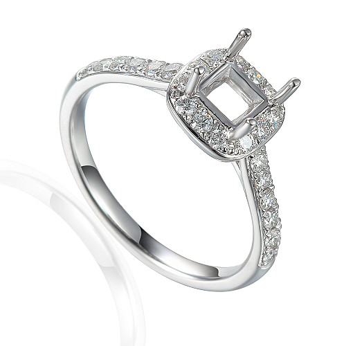 Princess Cut Centre Stone With a Round Brilliant Cut Micro Set Halo & Shoulders Semi Set Ring