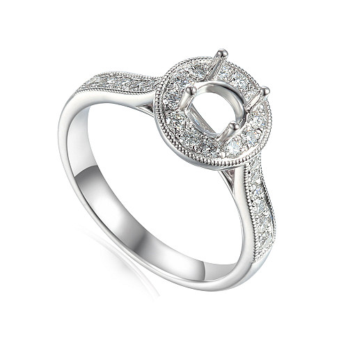 Round Brilliant Cut 4 Claw Halo Semi Set Ring With Millgrain Channel Set Diamond Shoulders