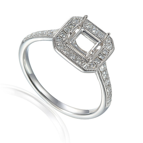 Princess Cut Centre Stone With Round Brilliant Cut Micro Set Milgrain Halo & Shoulders Semi Set Ring