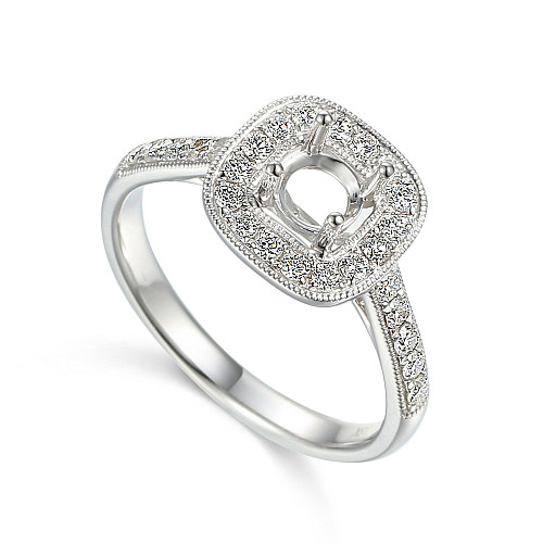 Round Brilliant Cut Claw Set Centre With Milgrain Micro Set Diamond Halo And Shoulders Semi Set Ring