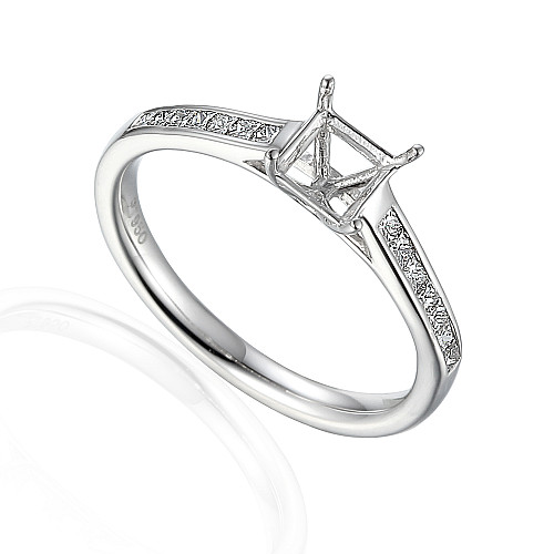 Princess Cut Claw Set Centre With Channel Set Diamond Shoulders Semi Set Ring