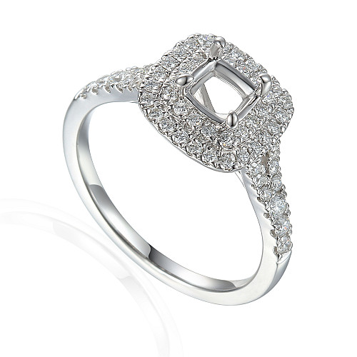 Cushion Cut Centre Stone With Round Brilliant Cut Diamond Pave Set Double Halo with Split Shoulders Semi Set Ring