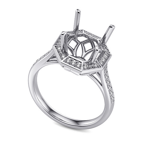 Round Brilliant Cut Claw Set Centre Stone With Pave Set Hexagonal Halo & Shoulders Semi Set Ring