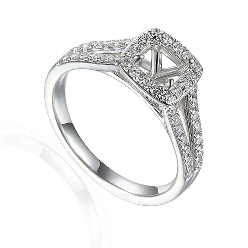 Cushion Cut Centre Stone With Round Brilliant Cut Diamond Pave Set Double Halo with Split Shoulders Semi Set Ring