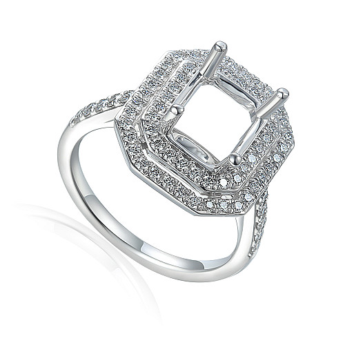 Emerald Cut Claw Set Centre Stone With Micro Set Round Brilliant Cut Diamond Double Halo & Shoulders Semi Set Ring