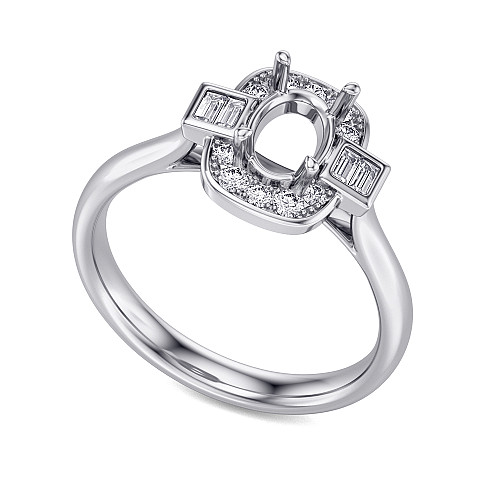 Oval Cut Claw Set Centre Stone With Rubover Baguette Cut Diamonds & Pave Set Halo Semi Set Ring