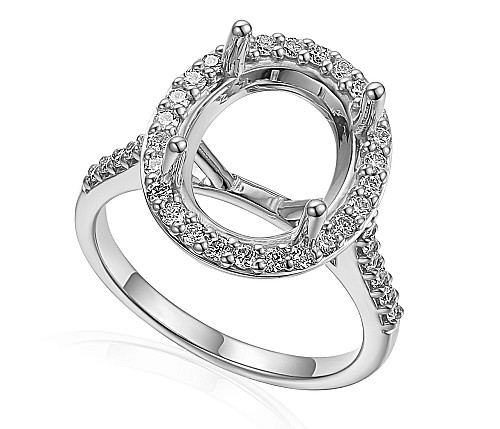 Oval Cut Claw Set Centre Stone With Round Brilliant Cut Diamond Pave Set Halo & Shoulders Semi Set Ring