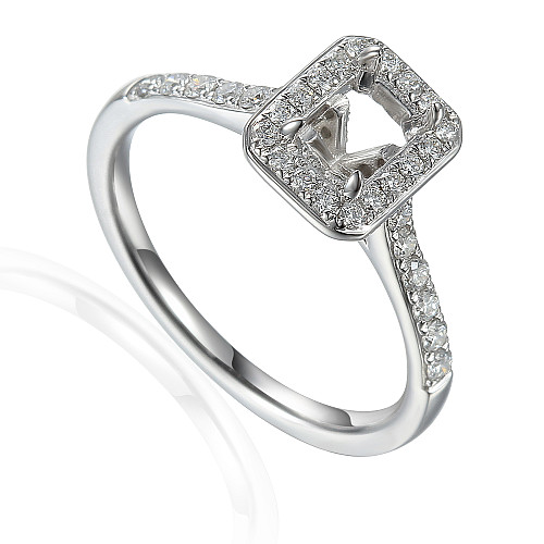 Radiant Cut Centre Stone With Round Brilliant Cut Diamond Micro Set Halo with Shoulders Semi Set Ring