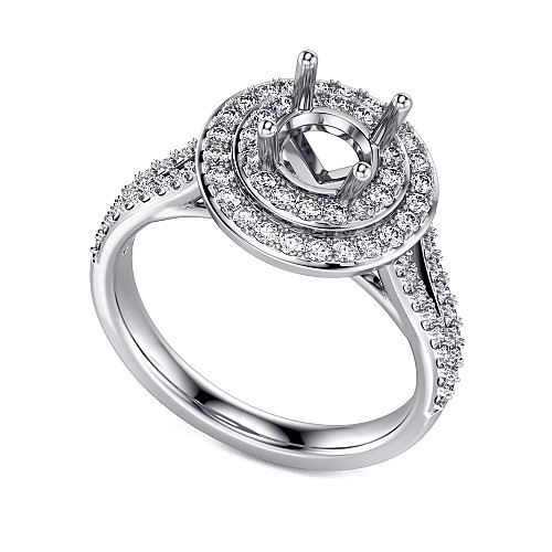Round Brilliat Cut Claw Set Centre Stone With Pave Set Double Halo & Split Shoulders Semi Set Ring