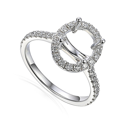 Oval Cut Claw Set Centre Stone With Round Brilliant Cut Diamond Pave Set Halo & Shoulders Semi Set Ring