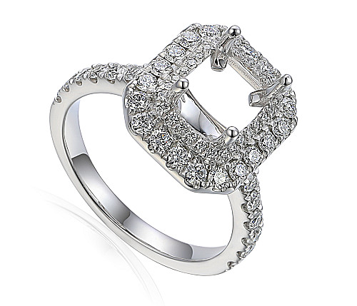 Emerald Cut Claw Set Centre Stone With Round Brilliant Cut Diamond Pave Set Double Halo & Shoulders Semi Set Ring