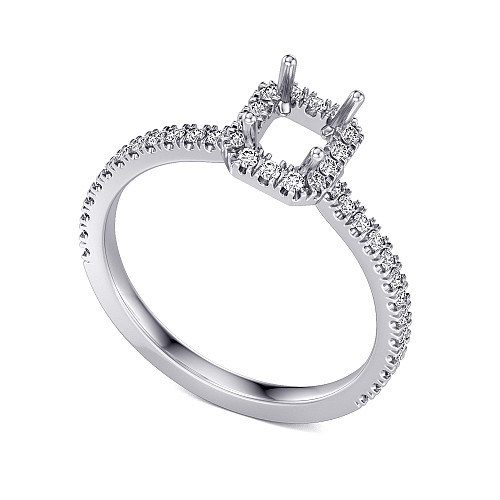 Emerald Cut Claw Set Centre Stone With Round Brilliant Cut Diamond Pave Set Halo & Shoulders Semi Set Ring