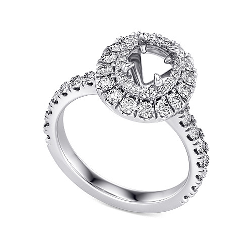 Platinum Oval Cut Claw Set Centre Stone With Round Brilliant Cut Diamond Pave Set Double Halo & Shoulders Semi Set Ring