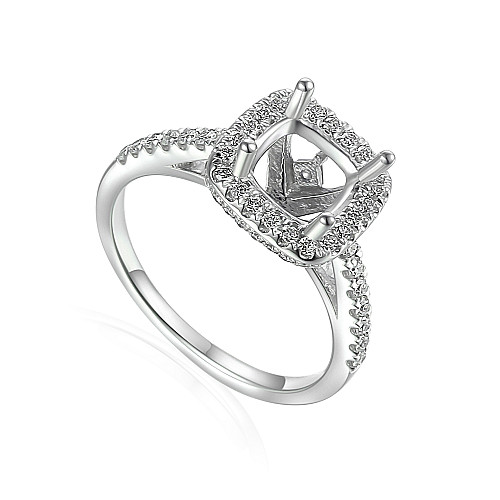 Claw Set Cushion Cut Center With Round Brilliant Cut Diamond Halo, Hidden Halo & Shoulders Semi Set Ring