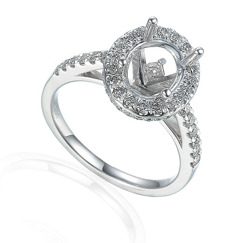 Claw Set Oval Cut Center With Round Brilliant Cut Diamond Halo, Hidden Halo & Shoulders Semi Set Ring