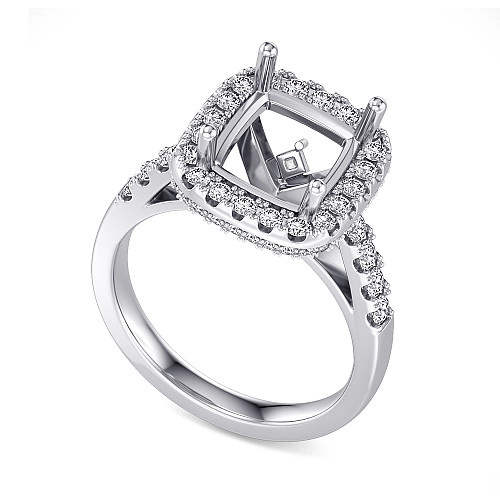 Claw Set Cushion Cut Center With Round Brilliant Cut Diamond Halo & Shoulders Semi Set Ring