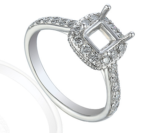 Claw Set Princess Cut Center With Round Brilliant Cut Diamond Halo & Shoulders Semi Set Ring