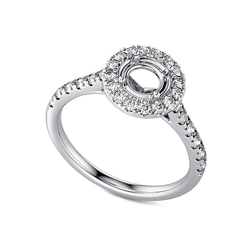 Claw Set Round Brilliant Cut Center With Pave Set Halo & Shoulders Semi Set Ring