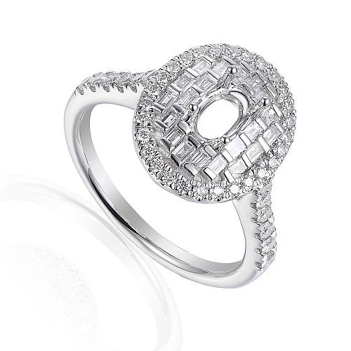 Bar Set Baguette Diamond & Micro Set Round  Brilliant Cut Diamond Halo Semi Set Ring