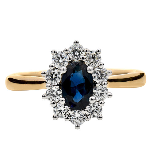 E92045-SA-YW-H/41714c - Micro Set Oval and Round Brilliant Cut Blue Sapphire and Diamond Ring